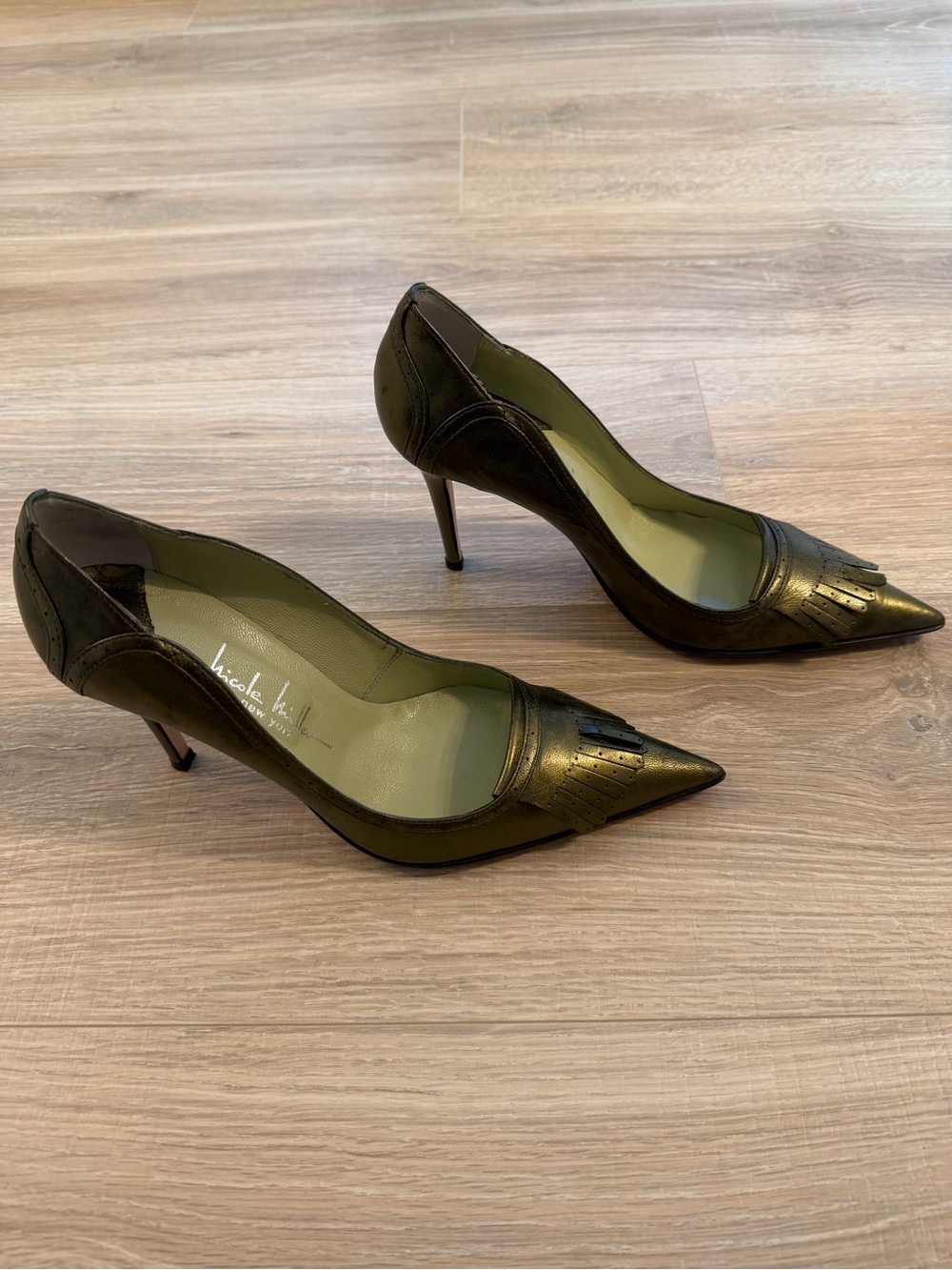 Nicole Miller Olive Green Metallic Pointed-Toe Stiletto Pumps